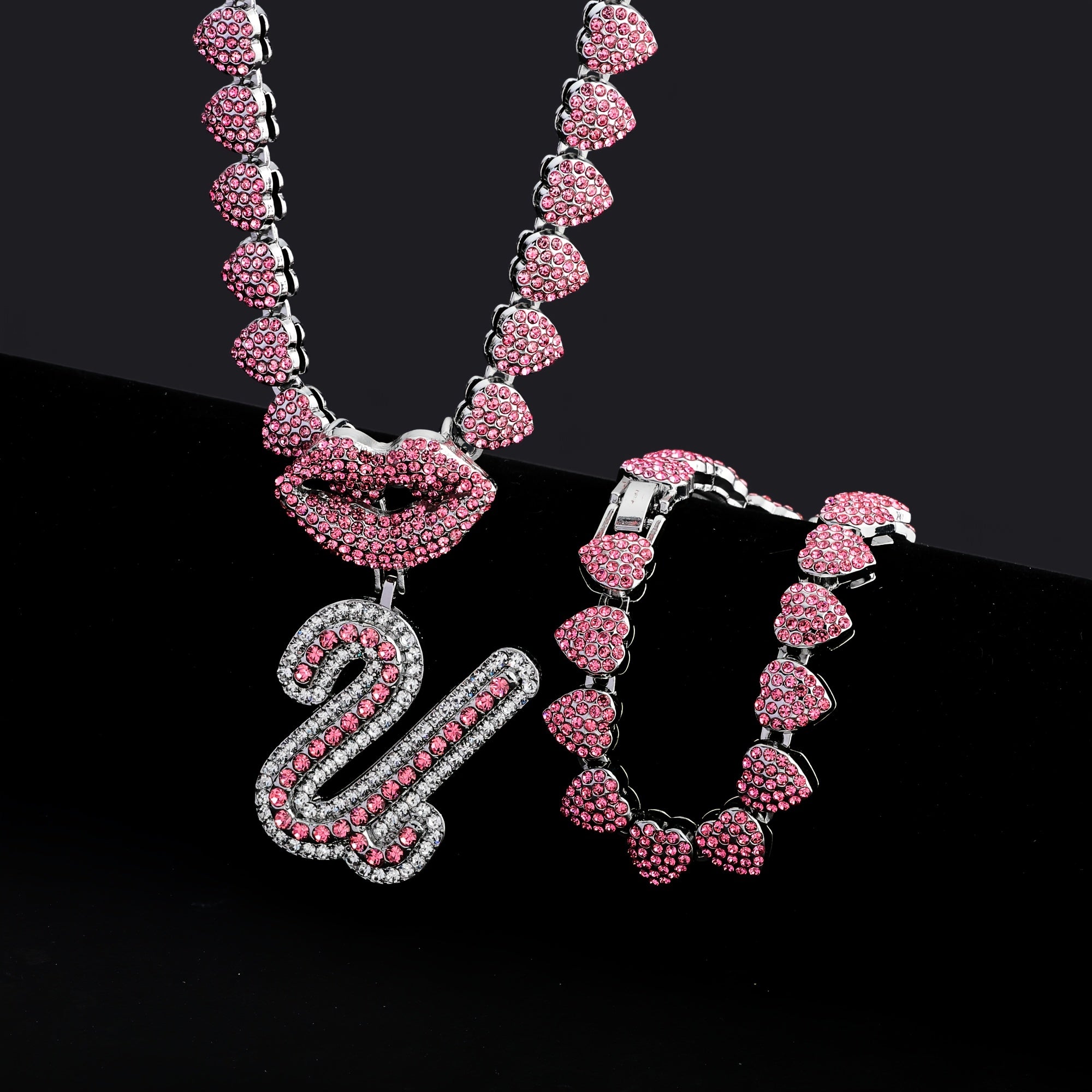 Hip Hop Y2K Style Pink Sexy Lips Pendant Necklace and Bracelet Set, A-Z Initials, Rhinestone Inlay, Zinc Alloy, Perfect for Daily Wear or Parties, Ideal Valentine's Day Gift for Men and Women, Hip Hop Jewelry